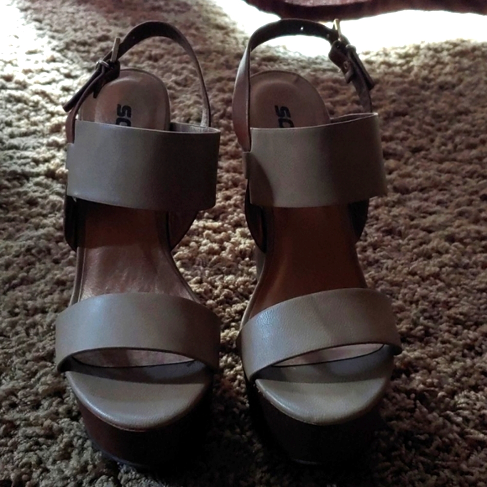 Soda Neutral Tan Double-Strap Platform Wedge Sandals